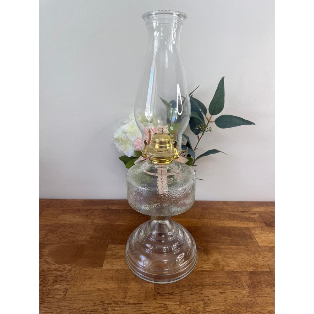 Antique Clear Pressed Glass Kerosene Oil Lamp with Light Pink UV Glow |